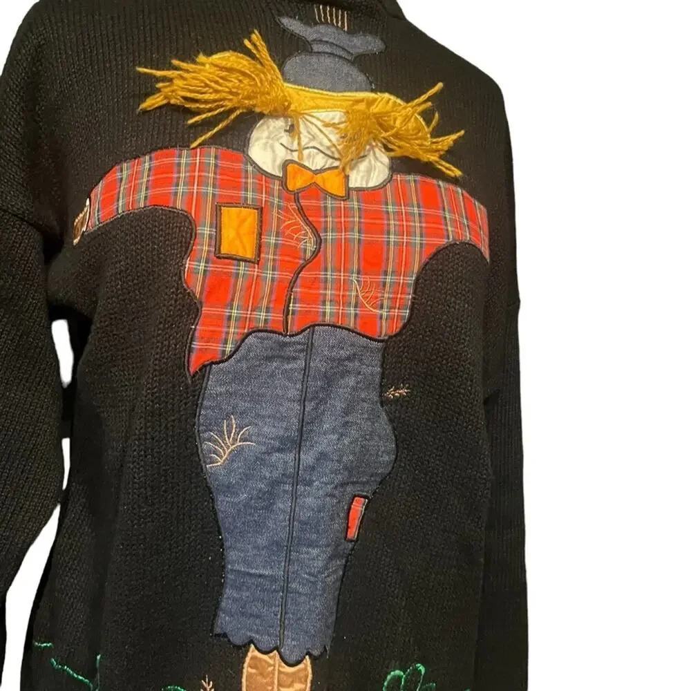 Vtg Black Chunky Knit Fall 3D Scarecrow Halloween Relaxed Turtleneck Sweater M - Picture 3 of 6